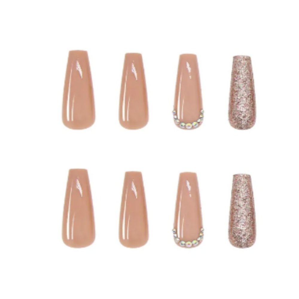 SOLD- Long Coffin Nude Press On Nails with Rhinestones 24 Pieces